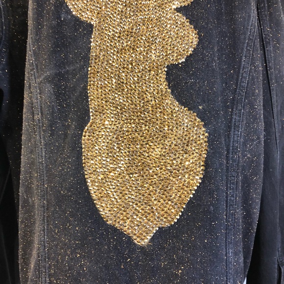 Gold Rhinestone Stag Deer Throne of Glass Hand Painted Black Jean Jacket - Picture 11 of 17